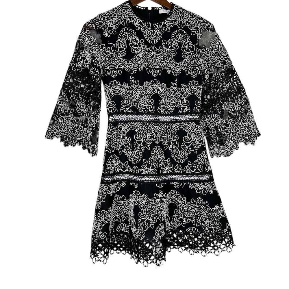 Alexis Black Gray Lace Mini Dress XS Long Sleeve Elegant Cocktail - Picture 5 of 7